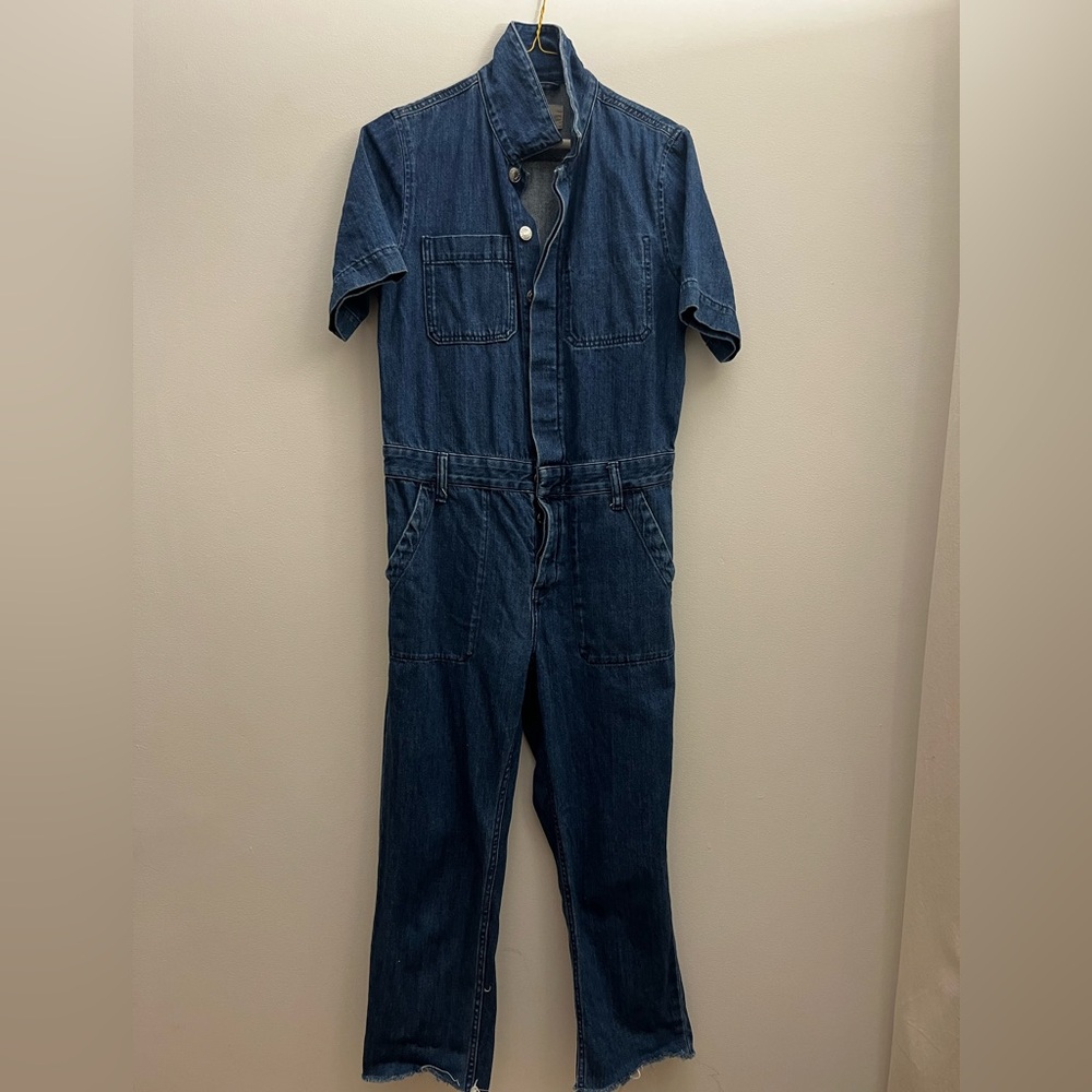 Everlane Super-Soft Coverall Blue Denim Jumpsuit Raw Hem Organic Cotton Size 4 - Picture 4 of 15